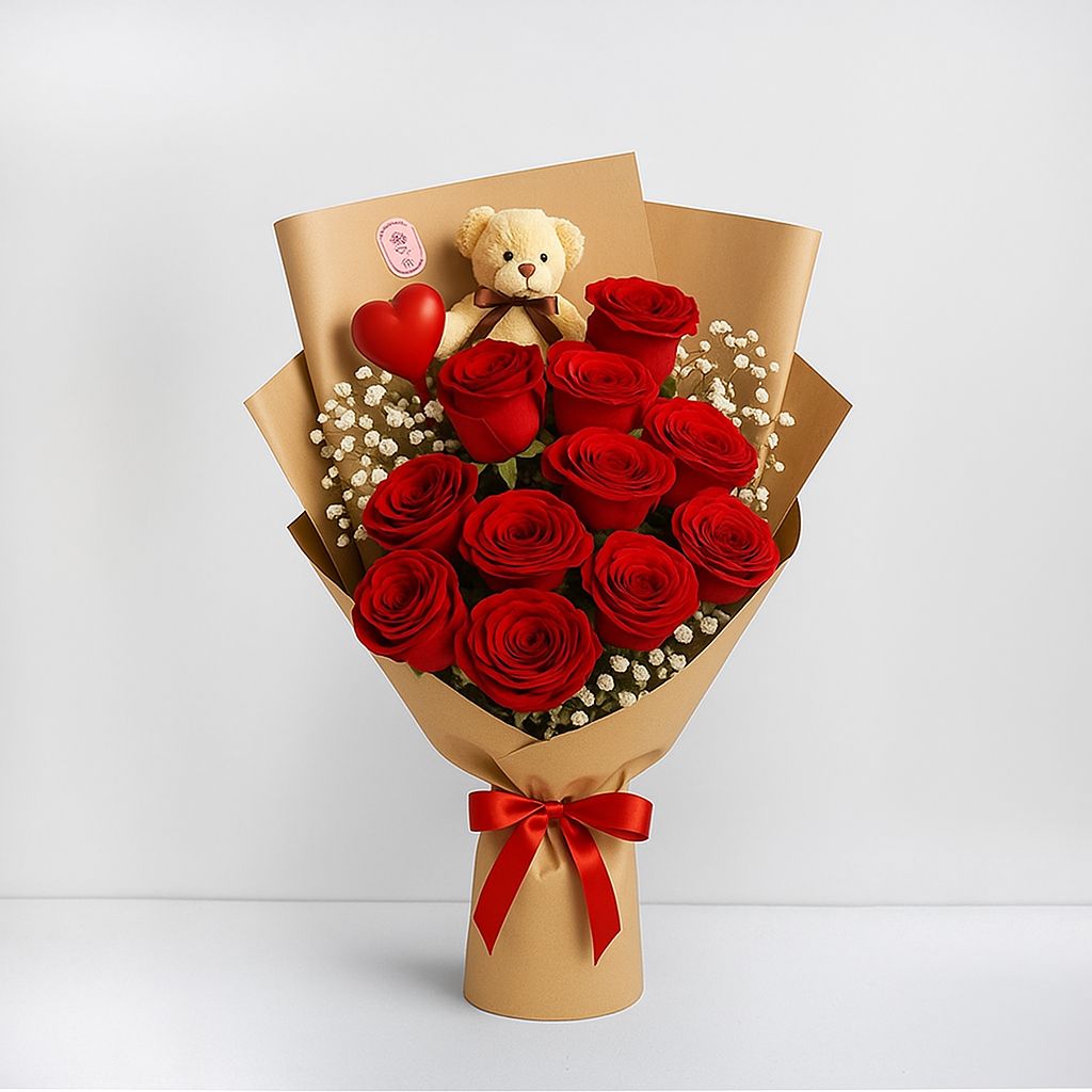 Red Roses & Teddy Bear Bouquet