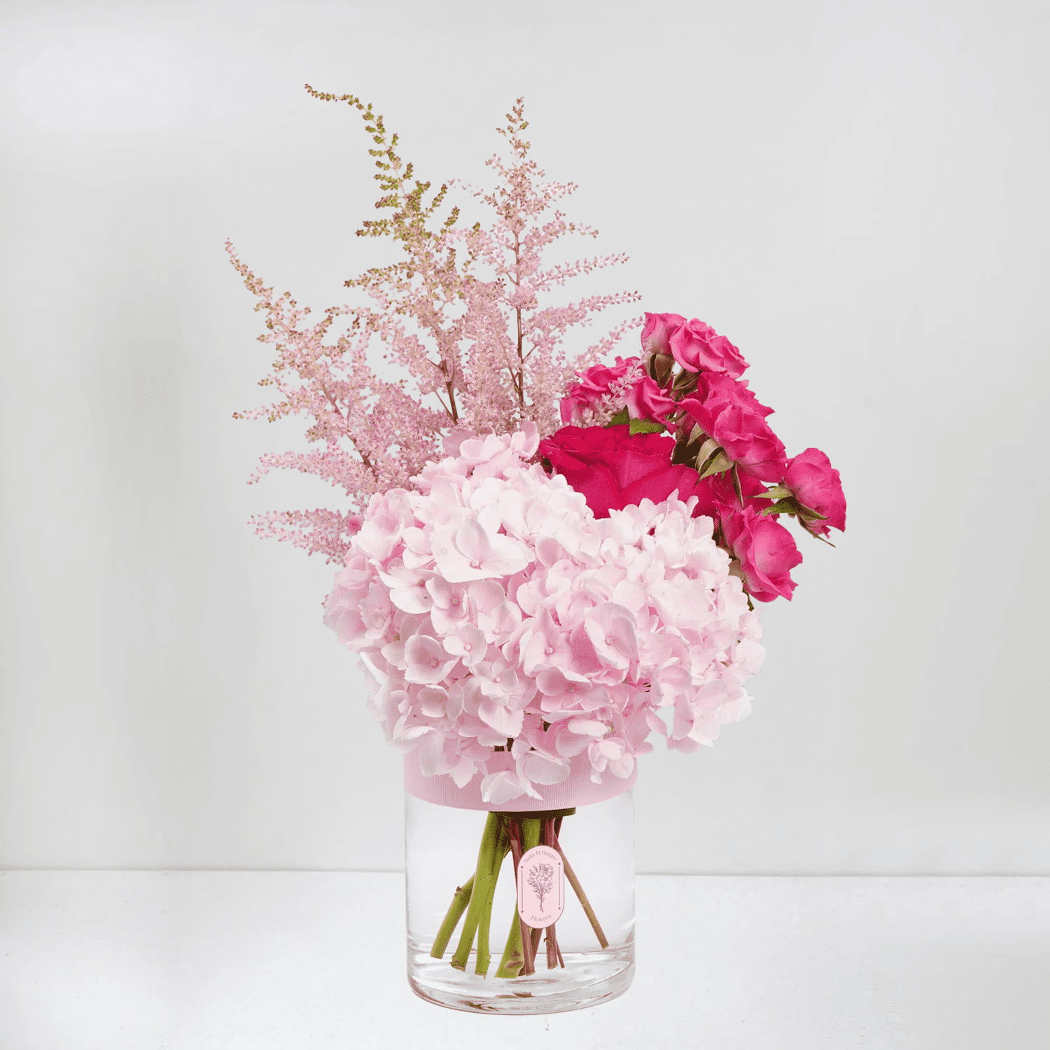 Hydrangeas, Soft Pink Astilbes & Hot Pink Roses in Glass Vase