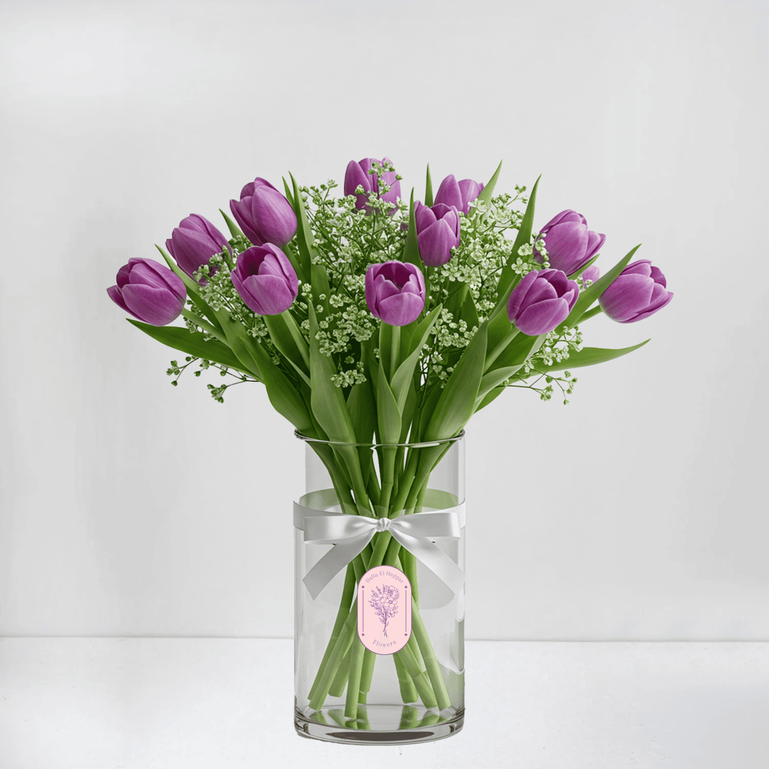 Lavender Tulips & Baby’s Breath in Clear Glass Vase – Soft & Elegant