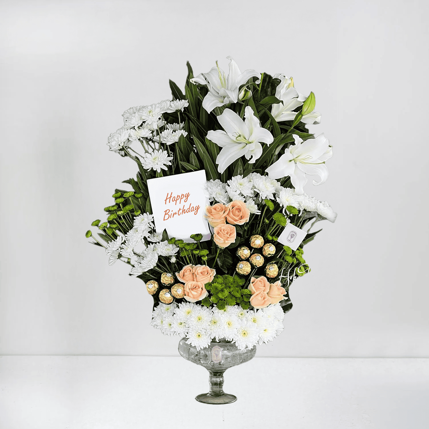 Cheerful White Flowers, Peach Roses & Ferrero Chocolates