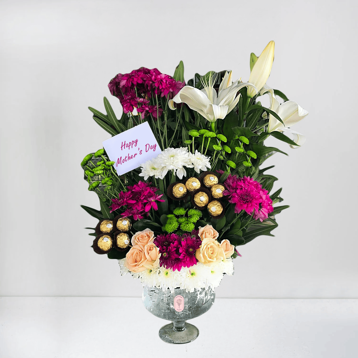 Mother’s Day Bouquet of Pink Chrysanthemums, Lilies, Roses & Chocolates