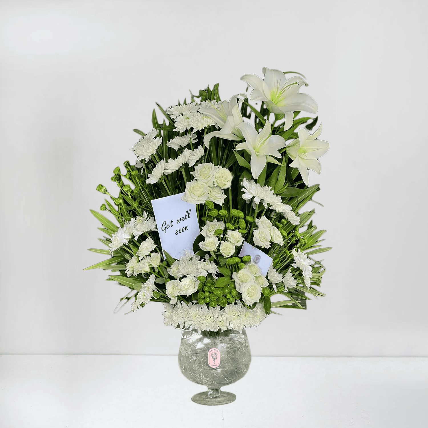 White Lilies & Chrysanthemums in Glass Vase